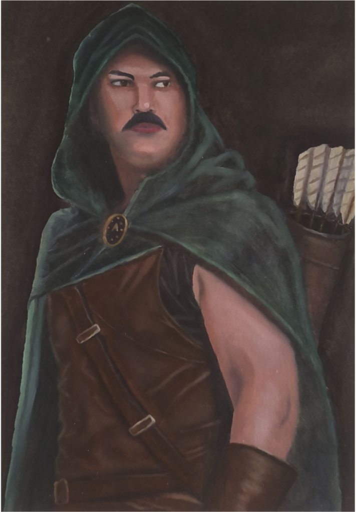Pintura de Retrato do Artista Andrei Silva, representando um arqueiro