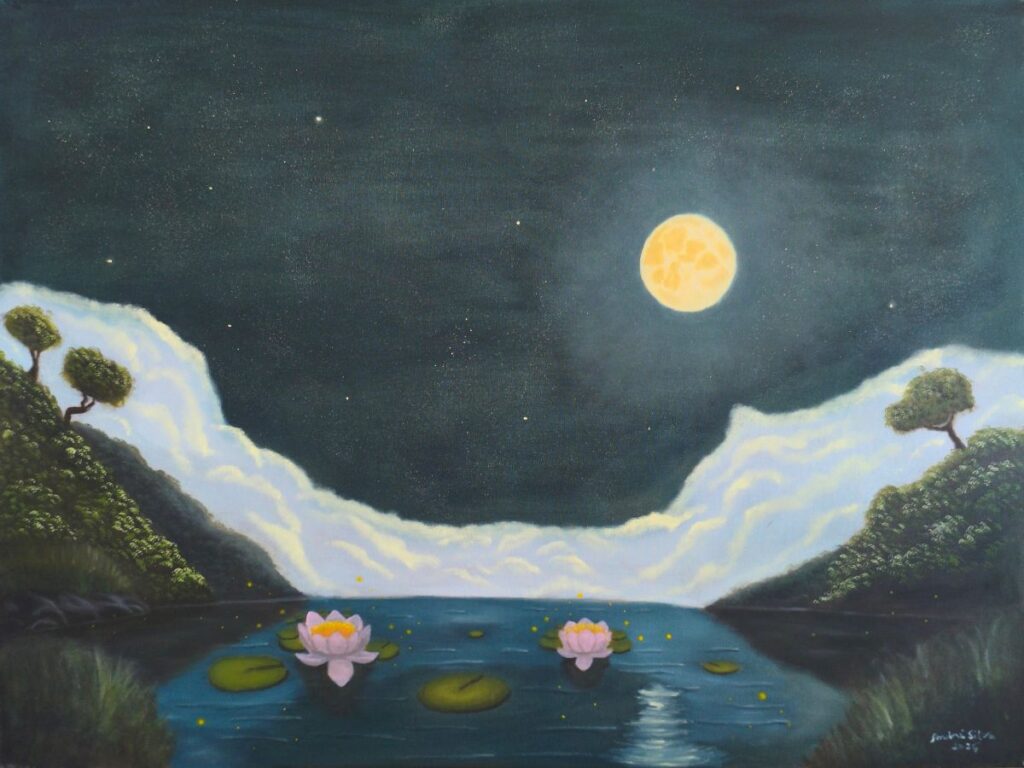 Pintura Lua de Lótus representando simbolismo na arte por meio da flor de lótus e da lua.