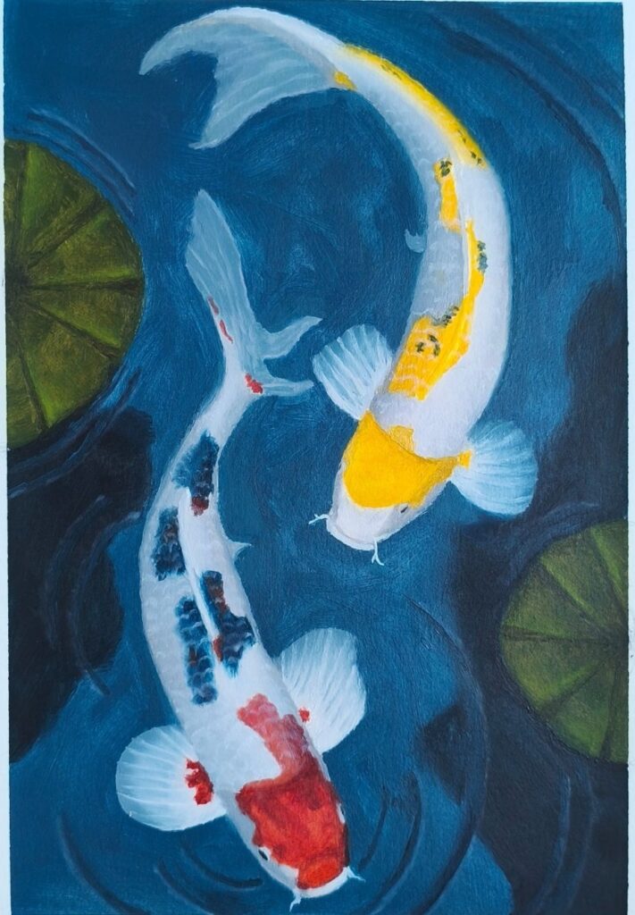 Obra Fluxo de Dualidade com carpas koi, exemplo de simbolismo na arte relacionado à coragem, abundância e harmonia.