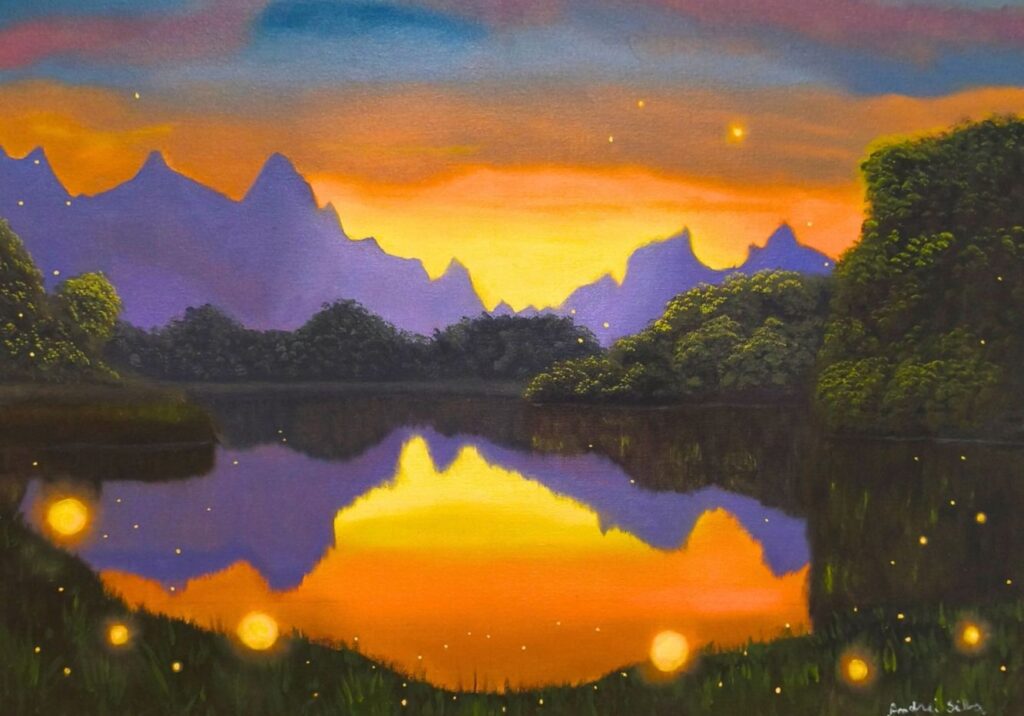 Crepúsculo dos Vagalumes de Andrei Silva, pintura figurativa de paisagem