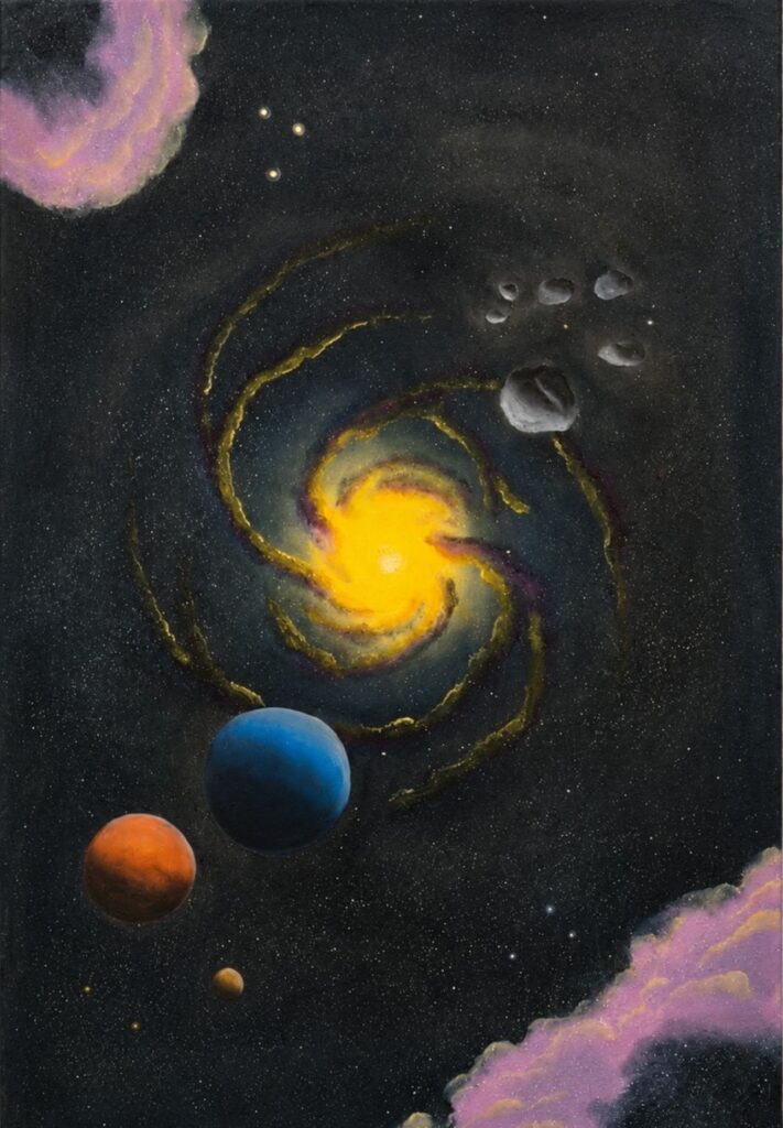 Pintura Macrocosmo de Andrei Silva com temática cósmica para decoração de escritório